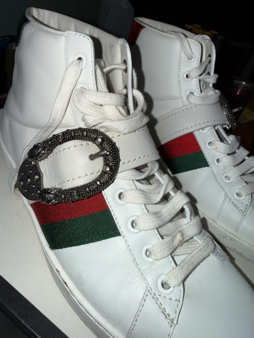 Gucci White High-Top Sneakers with Red & Green Web and Crystal Buckle - Picture 5 of 12